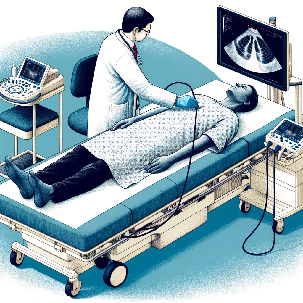 Pictorial representation of an ultrasound being performed on a supine patient