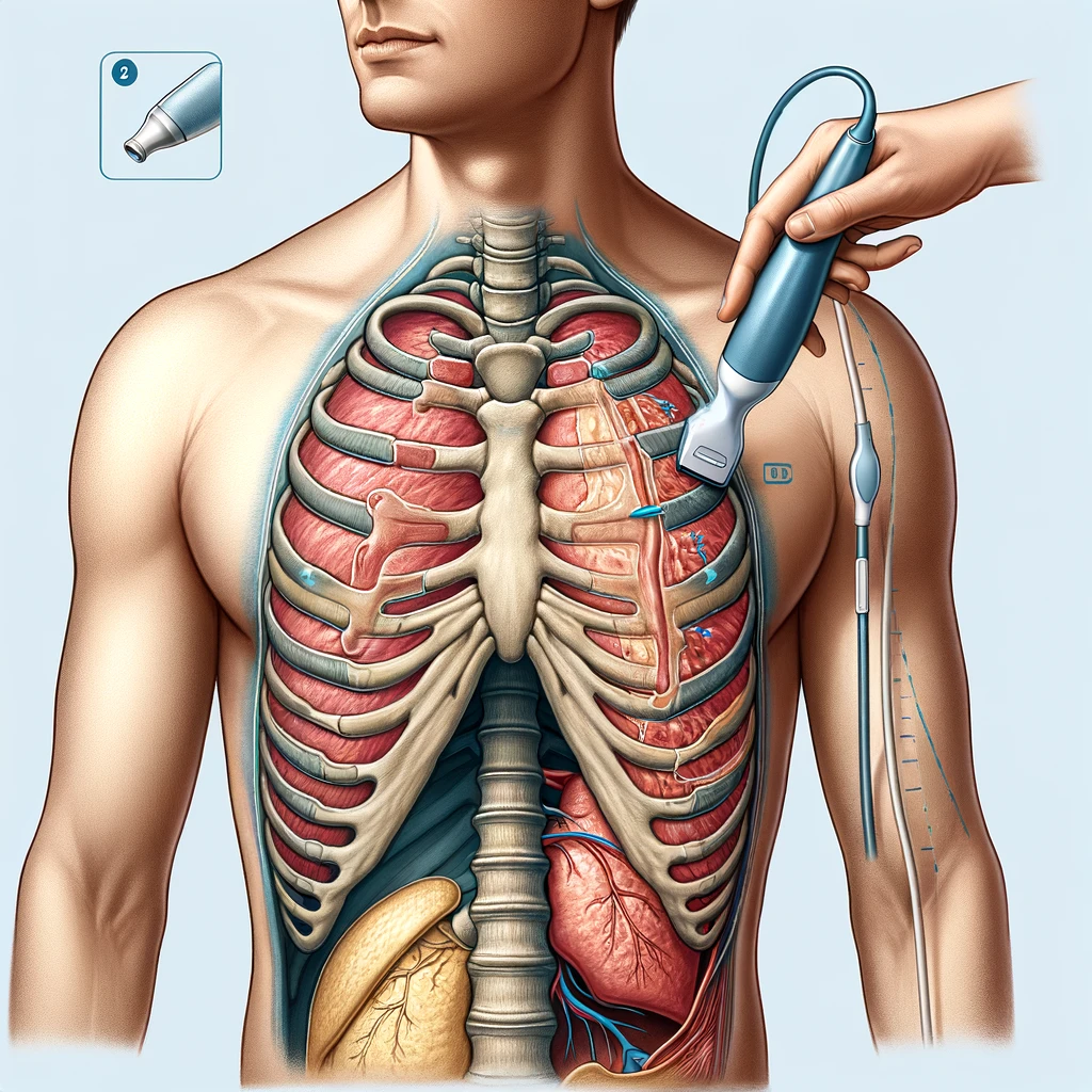 Pictorial representation of an ultrasound probe on the anterior chest 