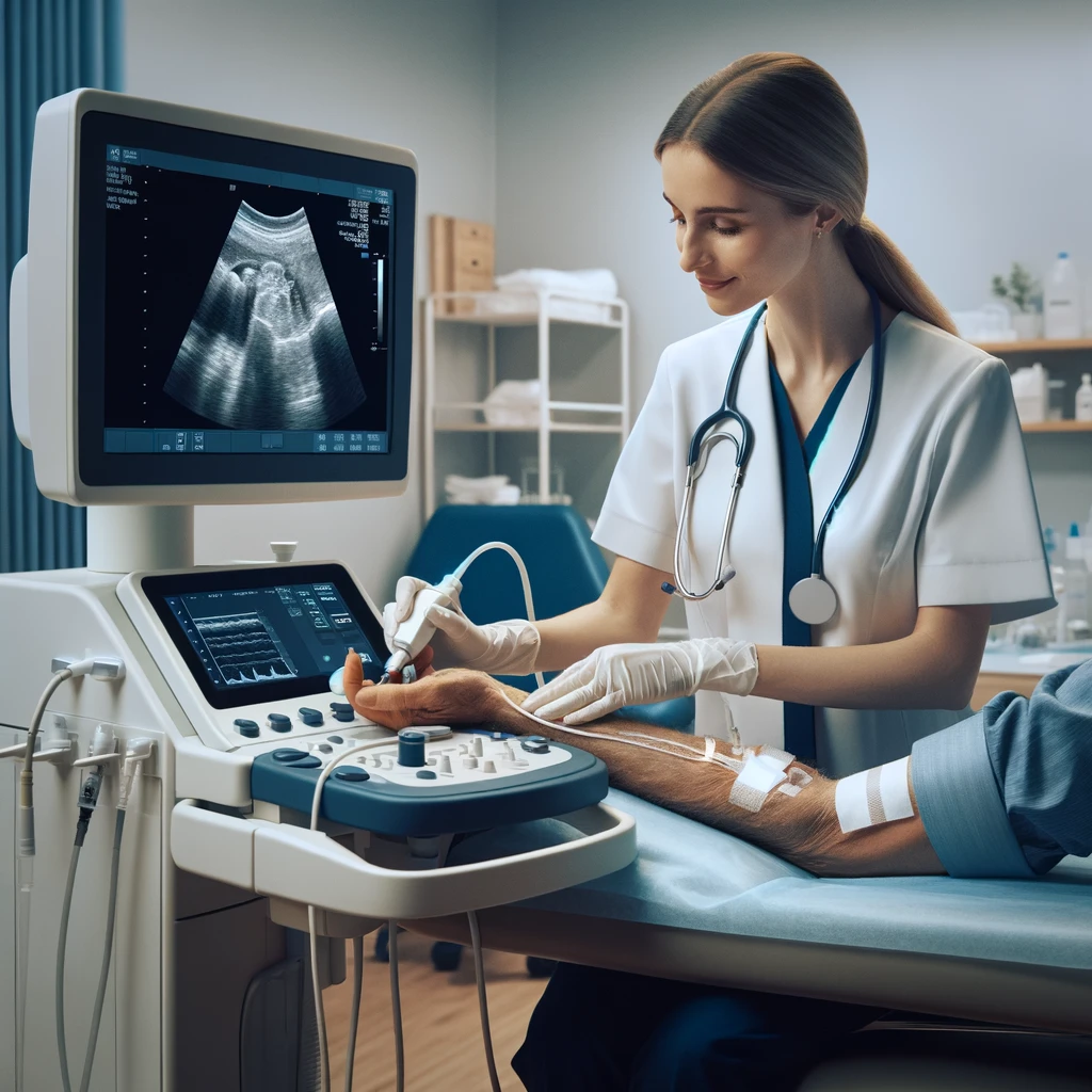 Nurse using ultrasound to guide IV placement